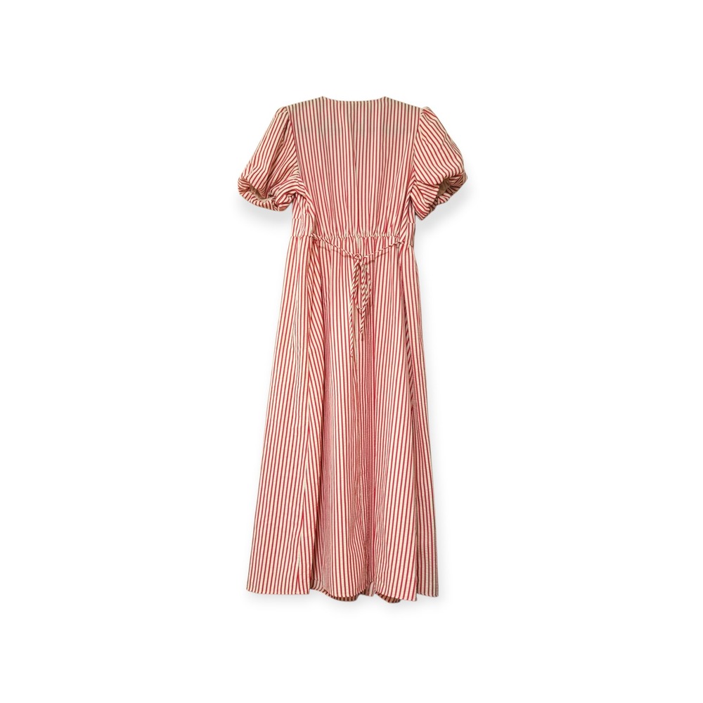 Primark Women Red Cream Striped V-Neck Puff Sleeve Maxi Dress Size 10 NEW - Picture 11 of 12